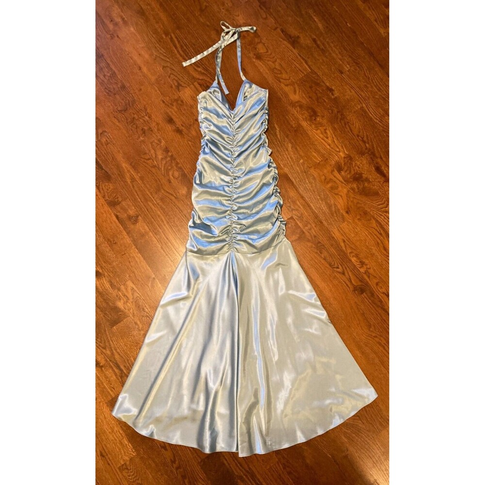 Jessica McClintock Vintage Blue Ruched Halter Neck Prom Formal Dress Size 2 - Picture 9 of 14